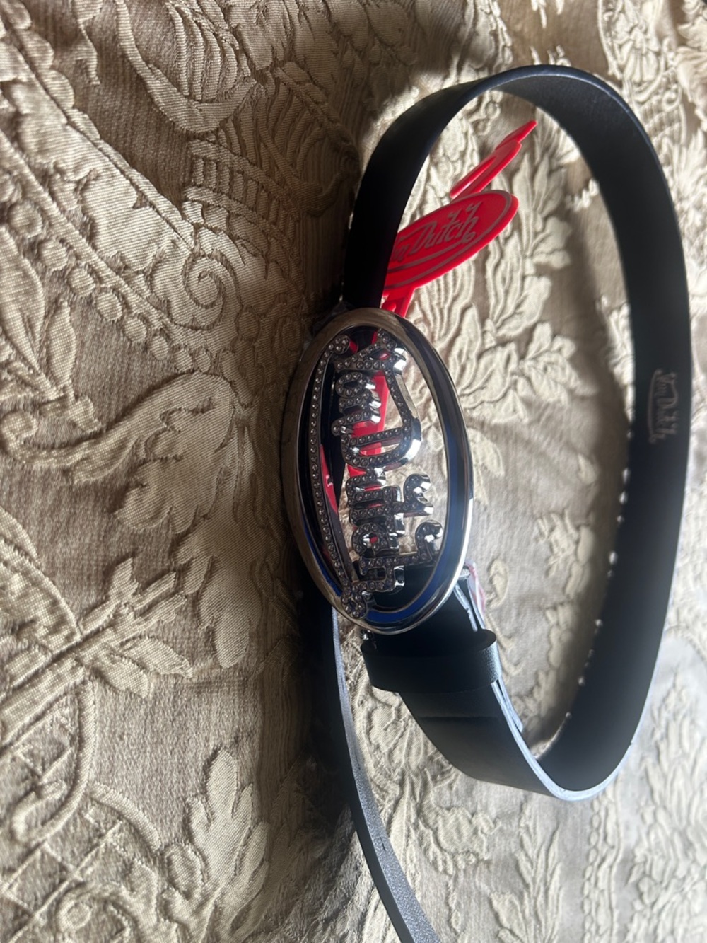 Von Dutch Black Leather Belt with Rhinestone Logo Buckle